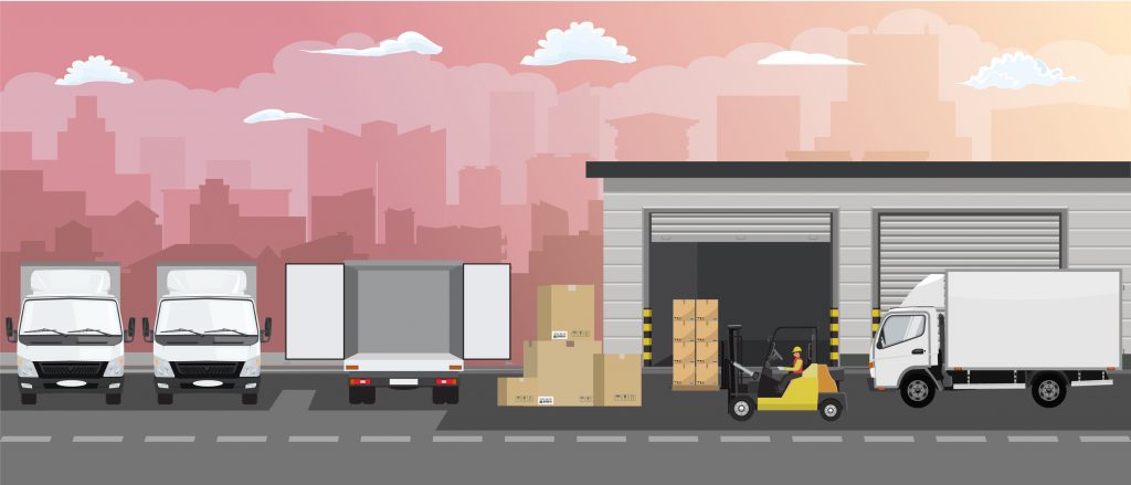 The Carpet Guys warehouse in the early morning load out cartoon image