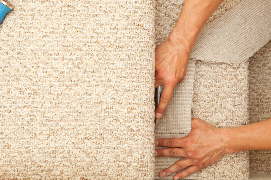 installer using a utility knife to trim new stair carpet for installation
