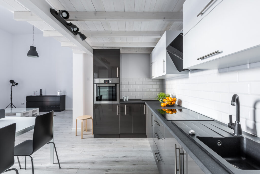 mohawk versatech 595T in cypress grey high contrast floor with white cabinets