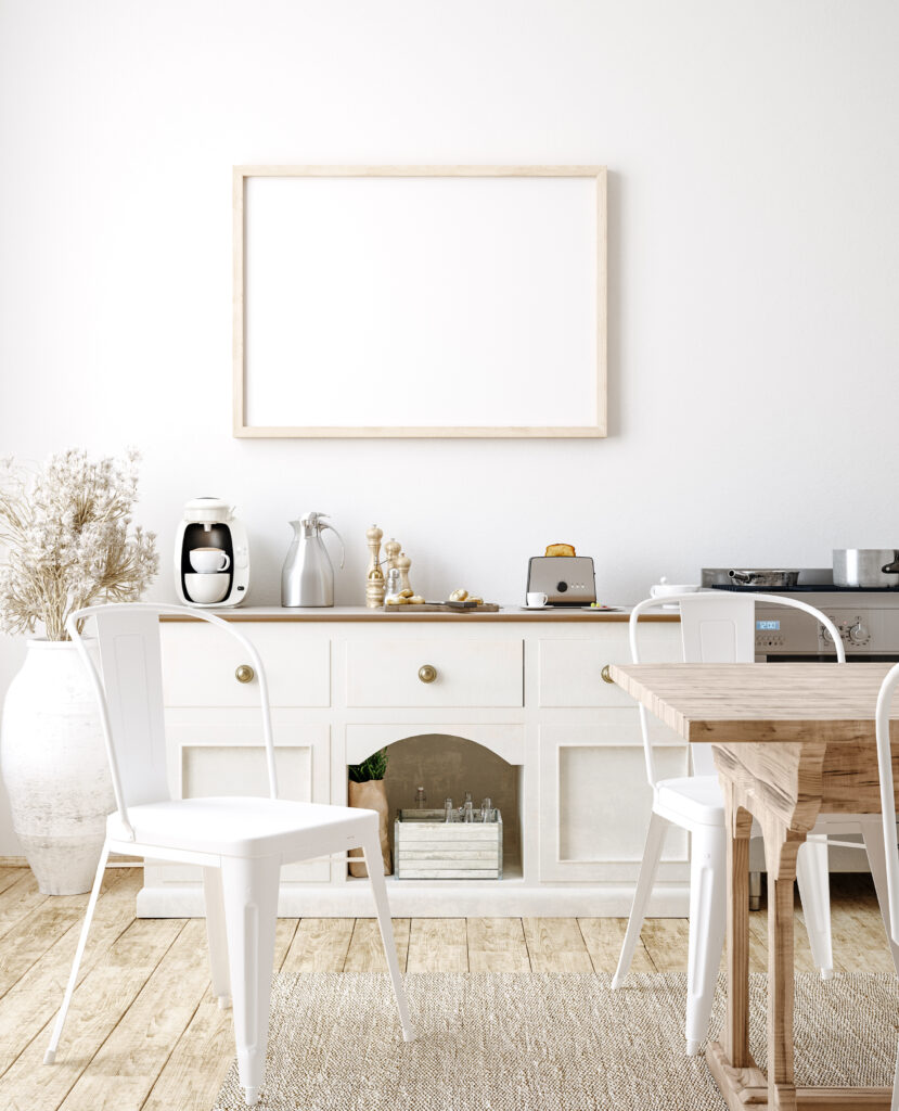 airy cottage with light hardwood floor and white cabinets