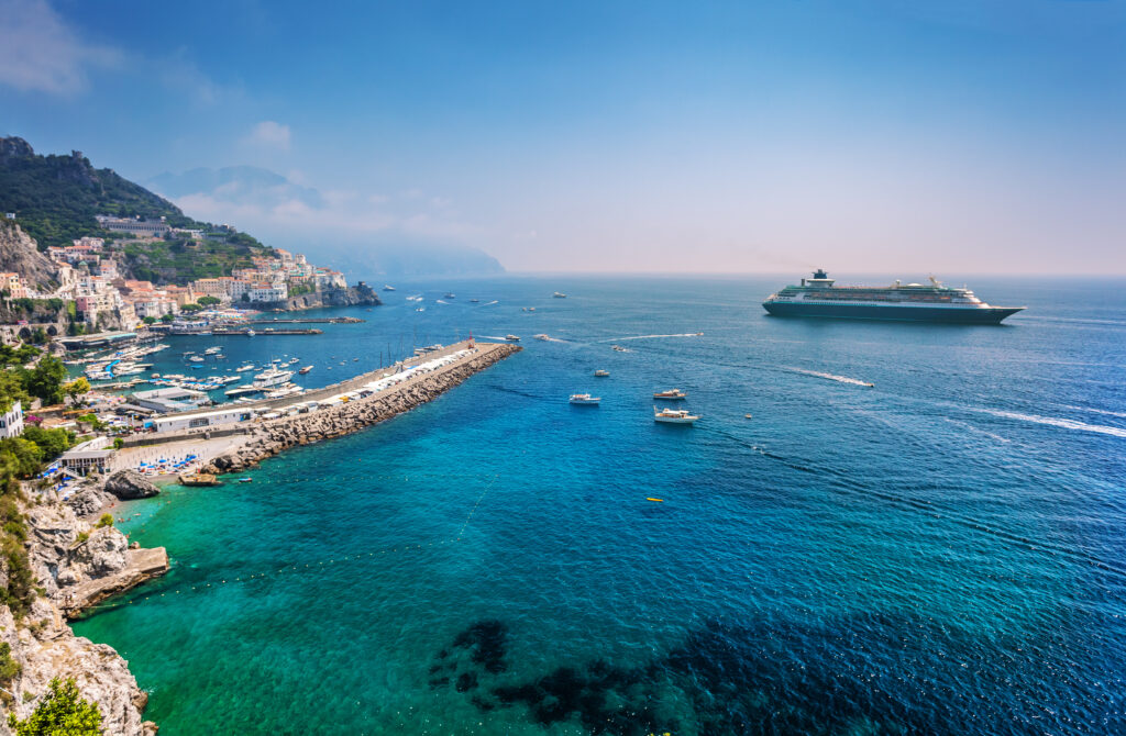 Cruise liner at port in Italy using vacation vouchers