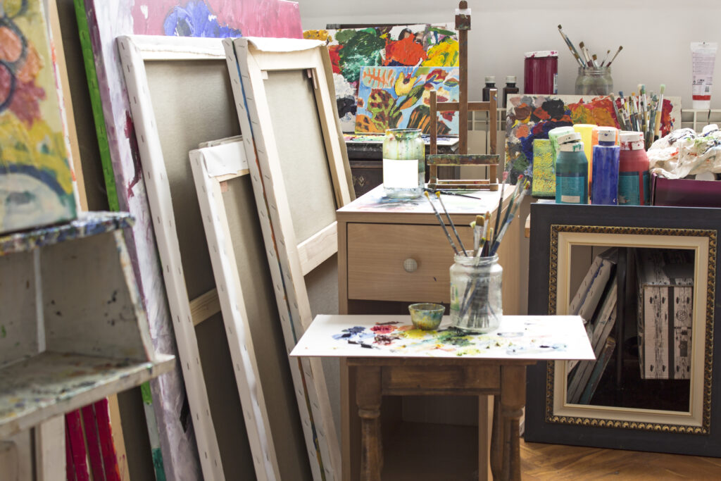 artist workspace and supplies for she shed ideas
